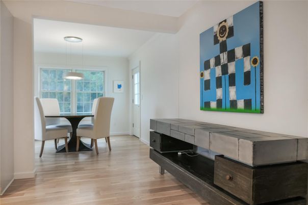 Dining room, Interior, Pendant Lights, Wood Texture Flooring