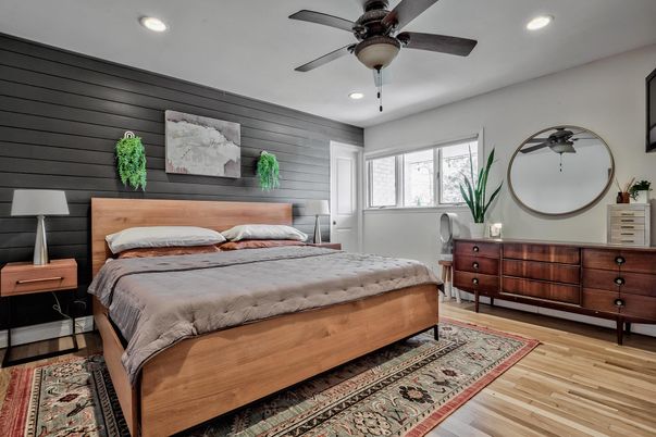 Bedroom, Interior, Recessed Lighting, Wood Texture Flooring