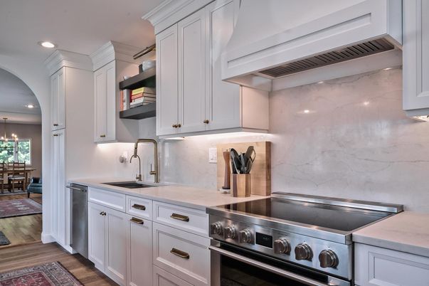 Dining room, Interior, Kitchen, Marble Walls, Recessed Lighting, Stainless Steel Appliances, Wood Texture Flooring