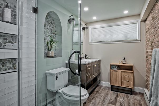 Bathroom, Glass Shower, Interior, Recessed Lighting, Stone Walls, Wood Texture Flooring