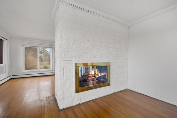 Empty room, Fireplace, Interior, Stone Walls, Wood Texture Flooring