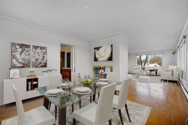 Dining room, Fireplace, Interior, Living room, Wood Texture Flooring