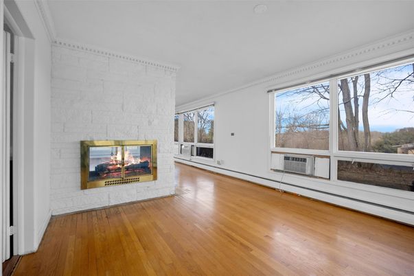Empty room, Fireplace, Interior, Stone Walls, Wood Texture Flooring