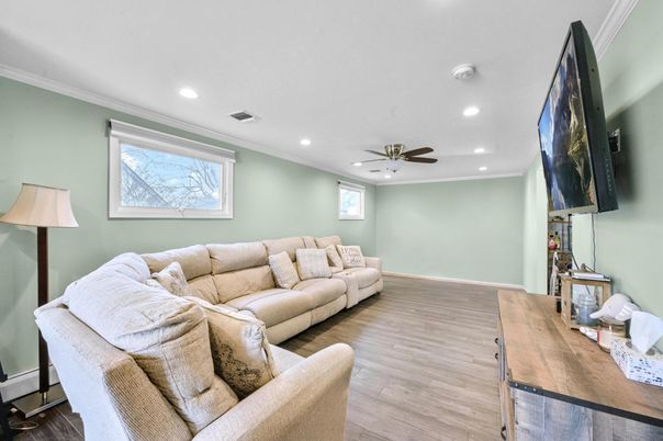 Interior, Living room, Recessed Lighting, Wood Texture Flooring