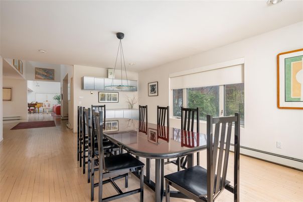 Dining room, Interior, Pendant Lights, Wood Texture Flooring