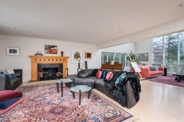 Fireplace, Interior, Living room, Piano, Recessed Lighting, Wood Texture Flooring