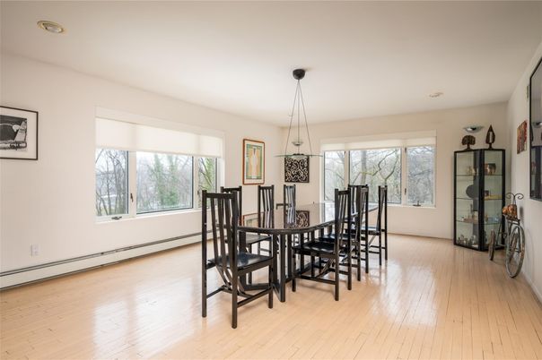 Dining room, Interior, Pendant Lights, Recessed Lighting, Wood Texture Flooring
