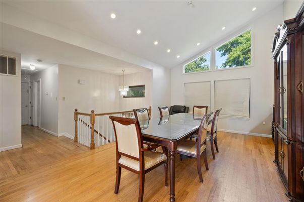 Dining room, Interior, Pendant Lights, Recessed Lighting, Wood Texture Flooring