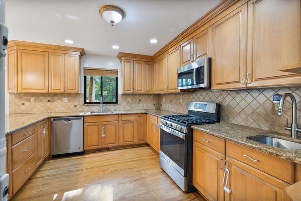 Interior, Kitchen, Recessed Lighting, Stainless Steel Appliances, Wood Texture Flooring