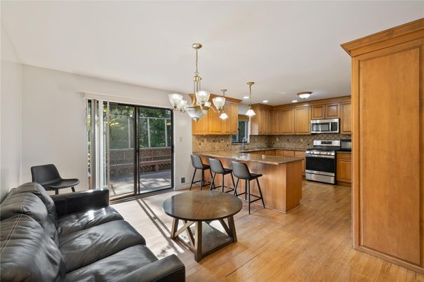Chandelier, Interior, Kitchen, Living room, Pendant Lights, Stainless Steel Appliances, Wood Texture Flooring