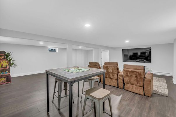 Dining room, Interior, Recessed Lighting, Wood Texture Flooring