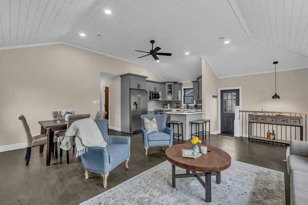 Dining room, Interior, Kitchen, Pendant Lights, Recessed Lighting, Stainless Steel Appliances, Wood Texture Flooring