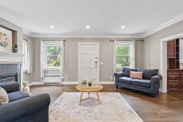 Fireplace, Interior, Living room, Recessed Lighting, Wood Texture Flooring