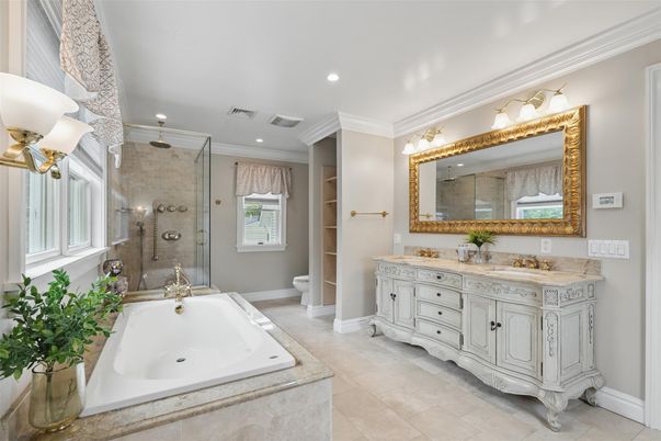 Bathroom, Dual Sink Vanities, Glass Shower, Interior, Recessed Lighting
