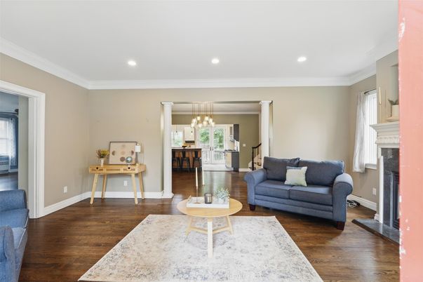 Dining room, Fireplace, Interior, Living room, Pendant Lights, Recessed Lighting, Wood Texture Flooring
