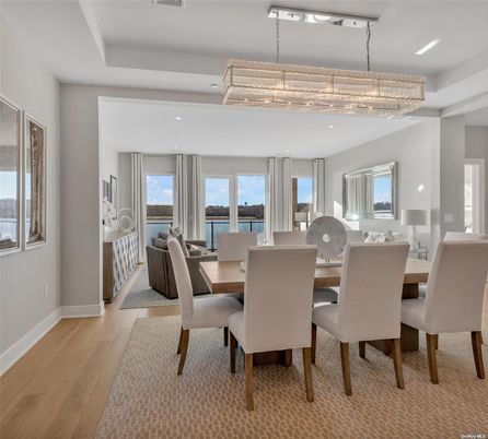 Chandelier, Dining room, Interior, Recessed Lighting, Water, Wood Texture Flooring