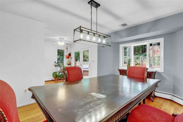 Dining room, Interior, Pendant Lights, Wood Texture Flooring