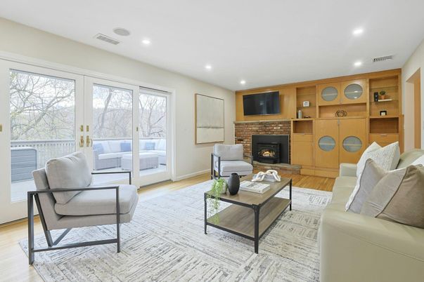 Fireplace, Interior, Living room, Recessed Lighting, Wood Texture Flooring