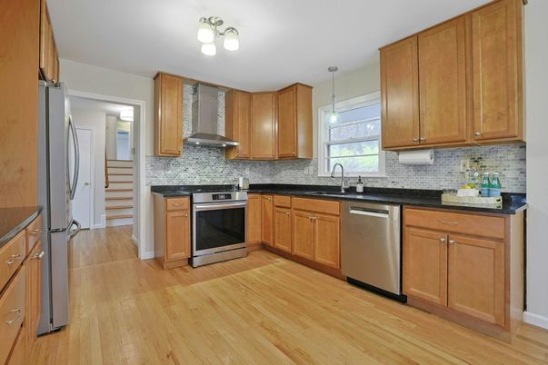 Interior, Kitchen, Pendant Lights, Stainless Steel Appliances, Wood Texture Flooring