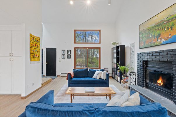 Fireplace, Interior, Living room, Recessed Lighting, Wood Texture Flooring
