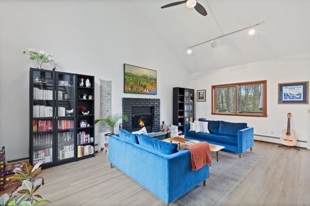 Fireplace, Interior, Living room, Recessed Lighting, Wood Texture Flooring