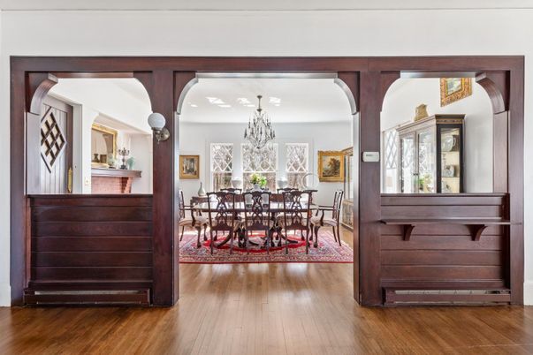 Chandelier, Dining room, Interior, Wood Texture Flooring