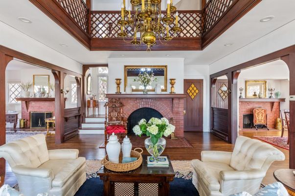 Chandelier, Fireplace, Interior, Living room, Recessed Lighting, Wood Texture Flooring