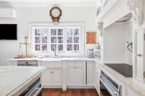 Interior, Kitchen, Marble Walls, Wood Texture Flooring
