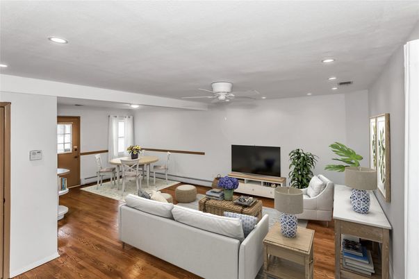 Dining room, Interior, Living room, Recessed Lighting, Wood Texture Flooring