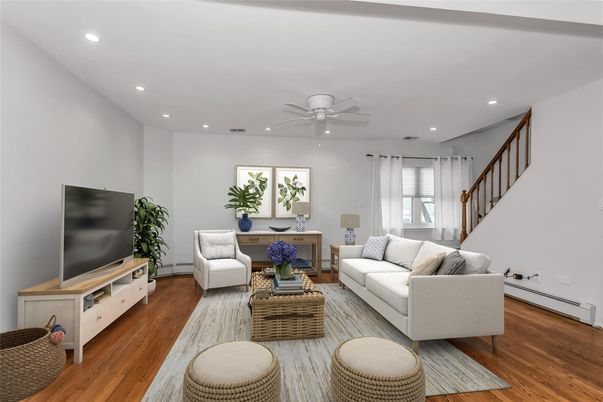 Dining room, Interior, Living room, Recessed Lighting, Wood Texture Flooring