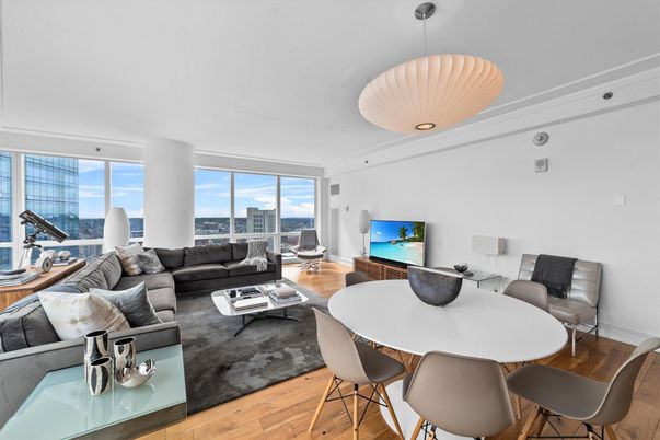 Dining room, Interior, Living room, Pendant Lights, Wood Texture Flooring