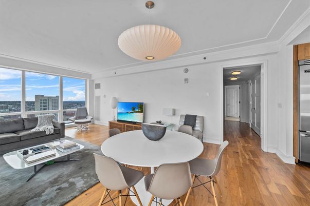Dining room, Interior, Kitchen, Living room, Pendant Lights, Stainless Steel Appliances, Wood Texture Flooring