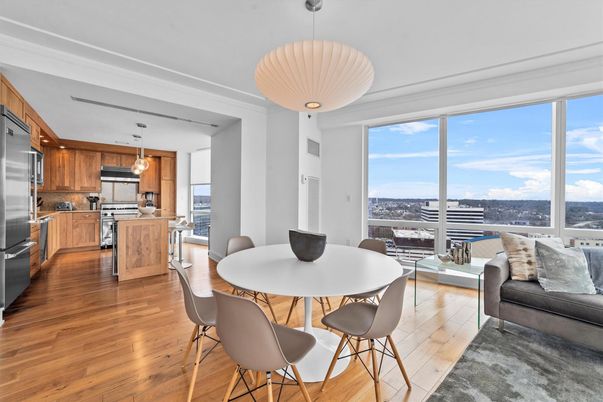 Dining room, Interior, Kitchen, Pendant Lights, Stainless Steel Appliances, Wood Texture Flooring