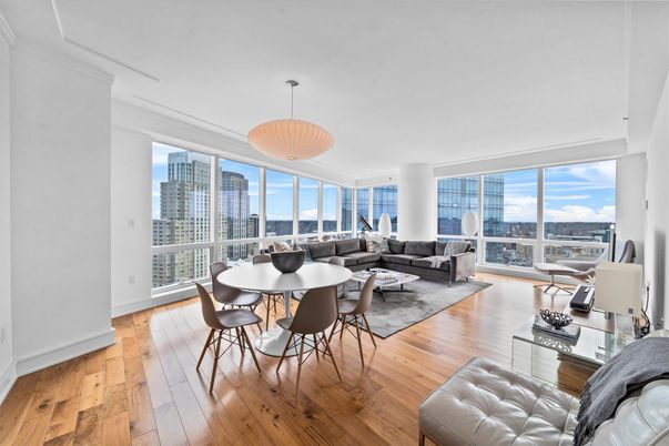 Dining room, Interior, Living room, Pendant Lights, Wood Texture Flooring