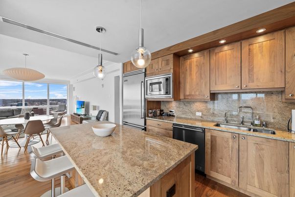 Dining room, Interior, Kitchen, Pendant Lights, Recessed Lighting, Stainless Steel Appliances, Wood Texture Flooring