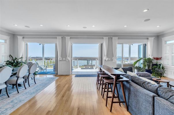 Dining room, Interior, Living room, Recessed Lighting, Water, Wood Texture Flooring