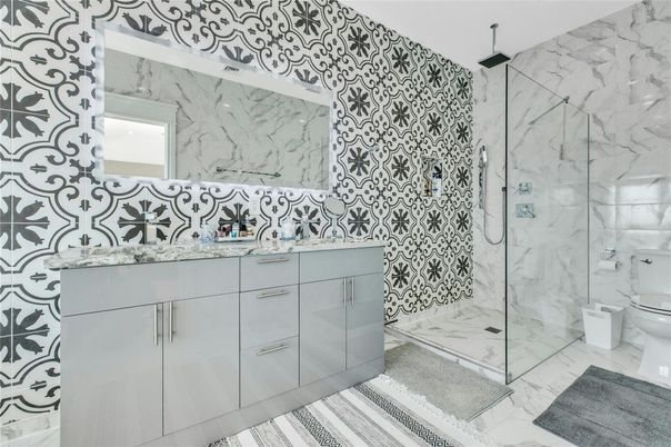 Bathroom, Dual Sink Vanities, Glass Shower, Interior, Marble, Marble Walls