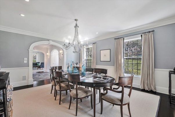 Chandelier, Dining room, Interior, Recessed Lighting, Wood Texture Flooring