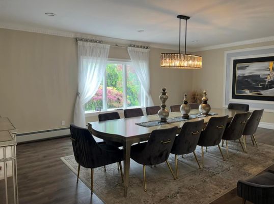 Dining room, Interior, Pendant Lights, Recessed Lighting, Wood Texture Flooring