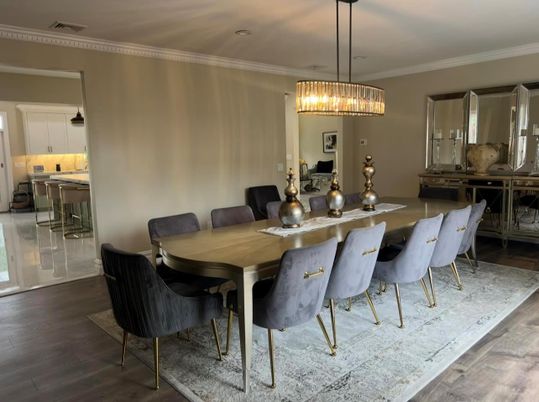 Dining room, Interior, Pendant Lights, Wood Texture Flooring