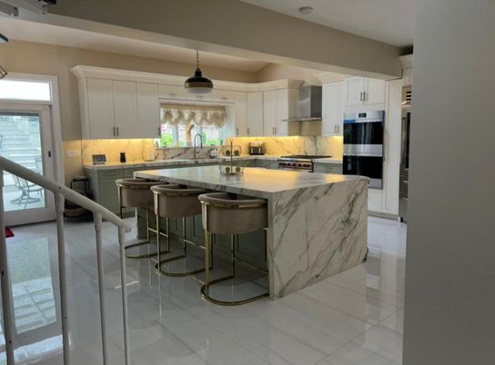 Interior, Kitchen, Marble Walls, Pendant Lights, Recessed Lighting, Stainless Steel Appliances