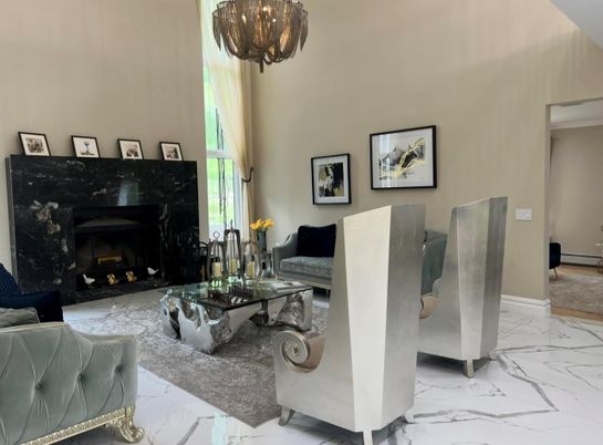 Chandelier, Fireplace, Interior, Living room, Marble