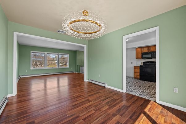 Chandelier, Empty room, Interior, Kitchen, Wood Texture Flooring