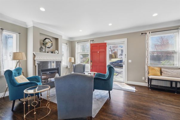 Fireplace, Interior, Living room, Recessed Lighting, Wood Texture Flooring