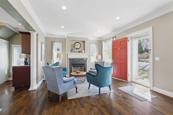 Fireplace, Interior, Living room, Recessed Lighting, Wood Texture Flooring
