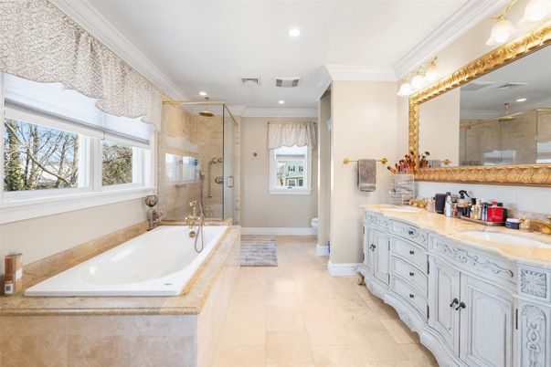Bathroom, Dual Sink Vanities, Glass Shower, Interior, Recessed Lighting