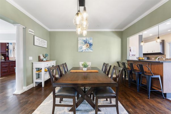 Dining room, Interior, Pendant Lights, Recessed Lighting, Wood Texture Flooring