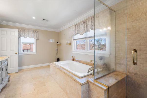 Bathroom, Glass Shower, Interior, Recessed Lighting, Stone Walls