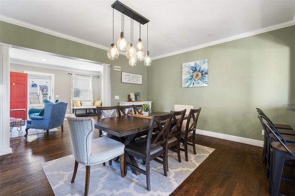 Dining room, Interior, Living room, Pendant Lights, Recessed Lighting, Wood Texture Flooring