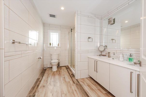 Bathroom, Glass Shower, Interior, Recessed Lighting, Wood Texture Flooring